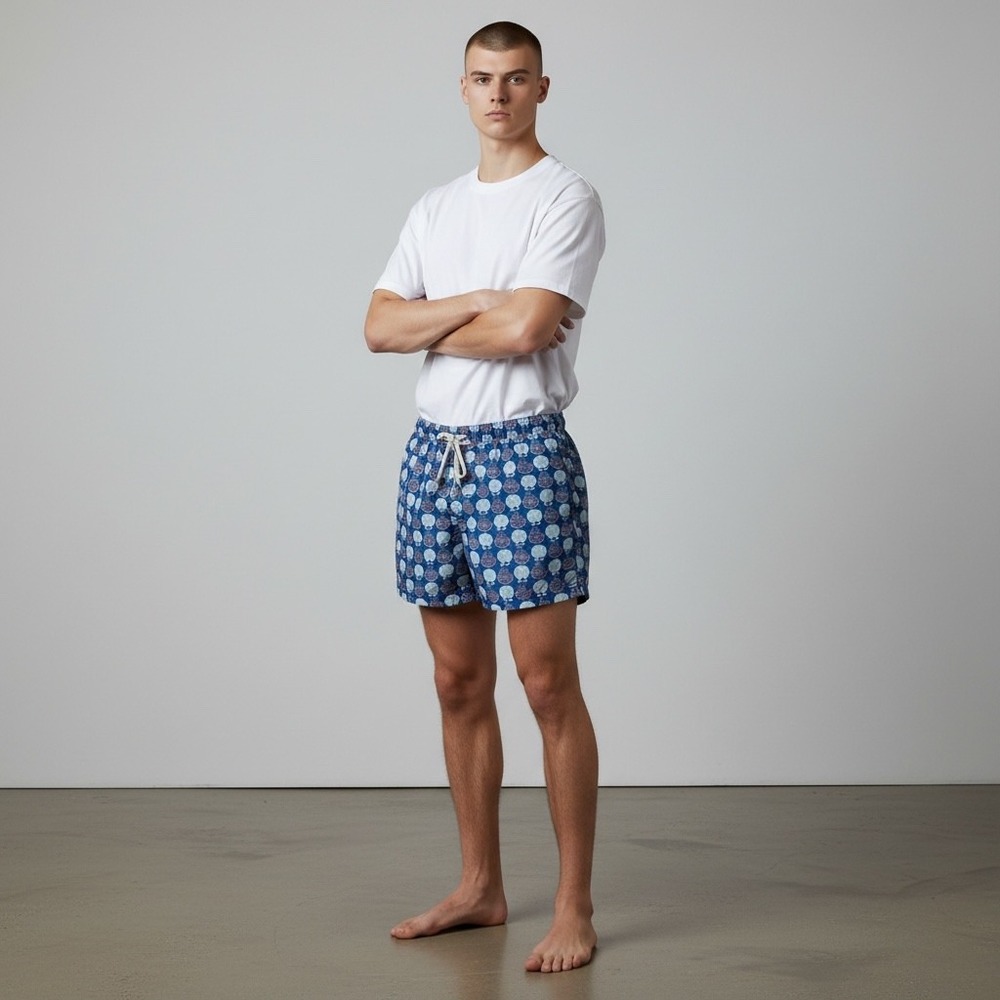 PALMACEA Men's Swim Trunks Navy Blue Shell Print Elastic Waist Drawstring Size M